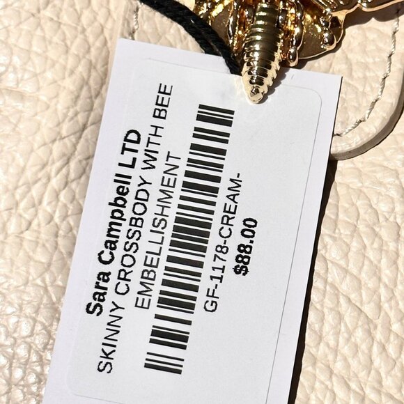 Sara Campbell Skinny Crossbody with Bee in Cream Color Soft Pebbled Leather ~NEW - Picture 2 of 4